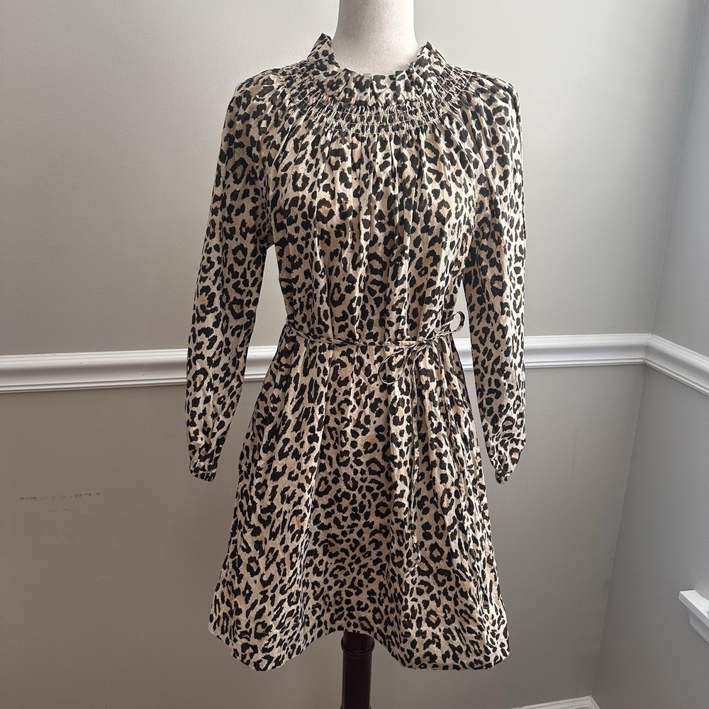 J Crew Ruffleneck Puff Sleeve Dress Leopard Print M Long Sleeve Short Cotton